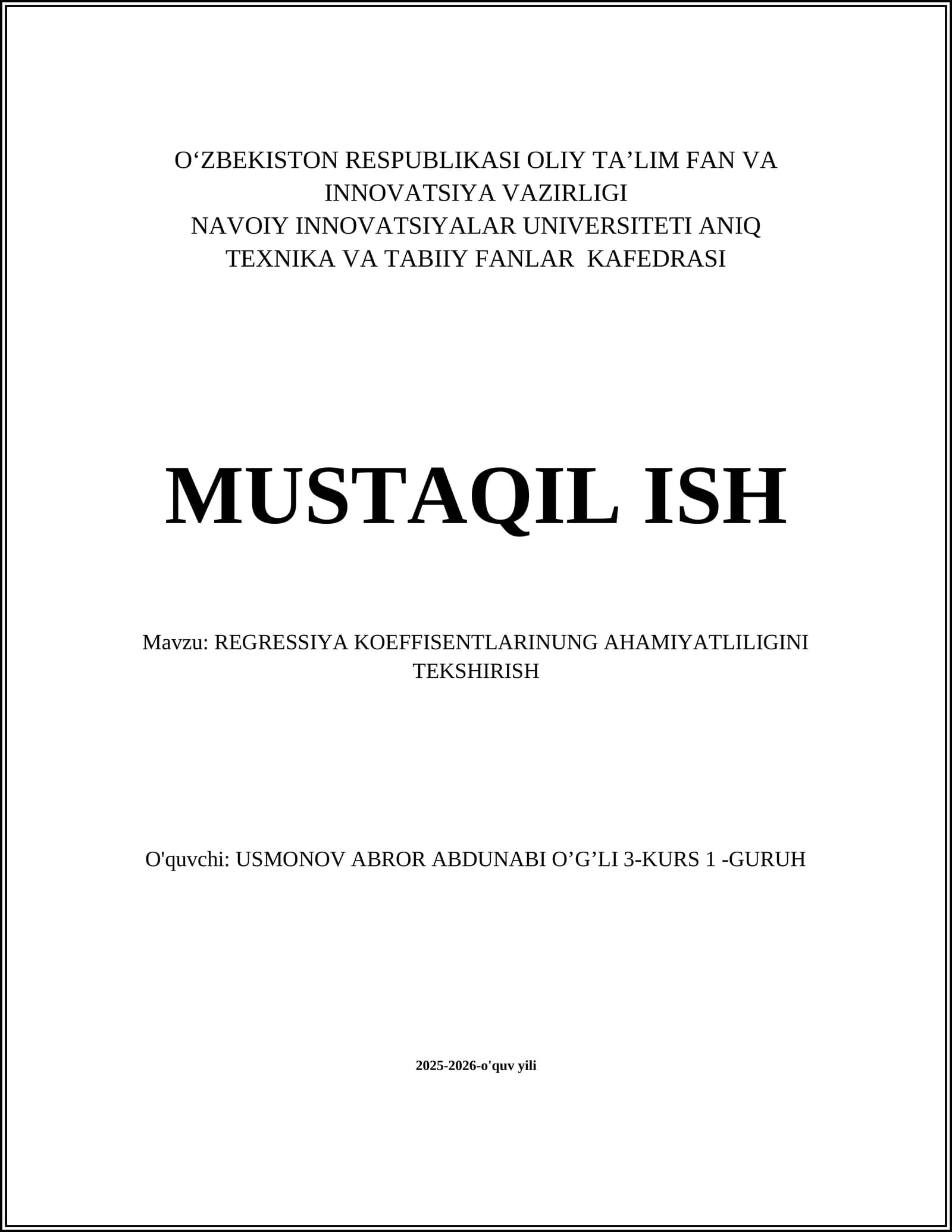 REGRESSIYA KOEFFISENTLARINUNG AHAMIYATLILIGINI TEKSHIRISH