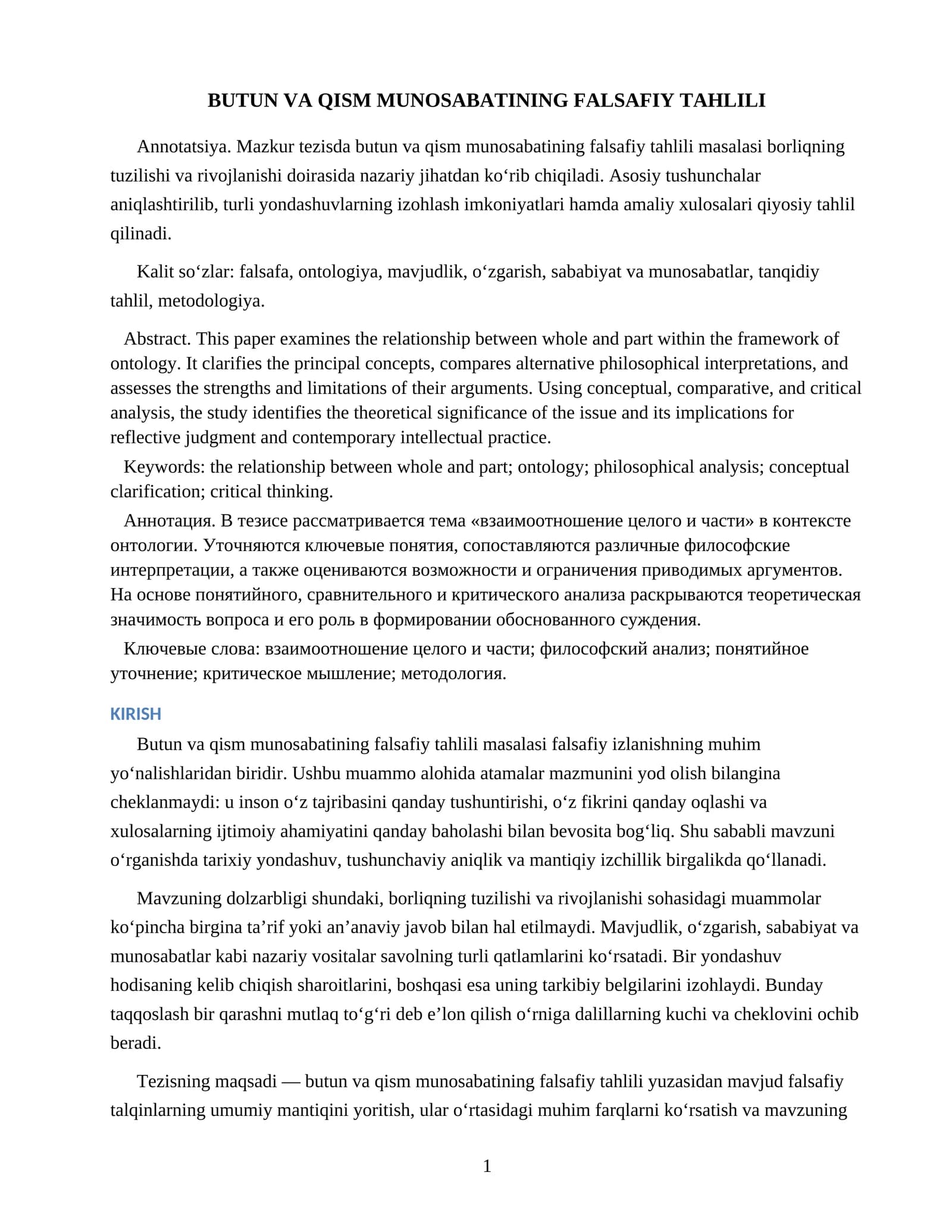BUTUN VA QISM MUNOSABATINING FALSAFIY TAHLILI