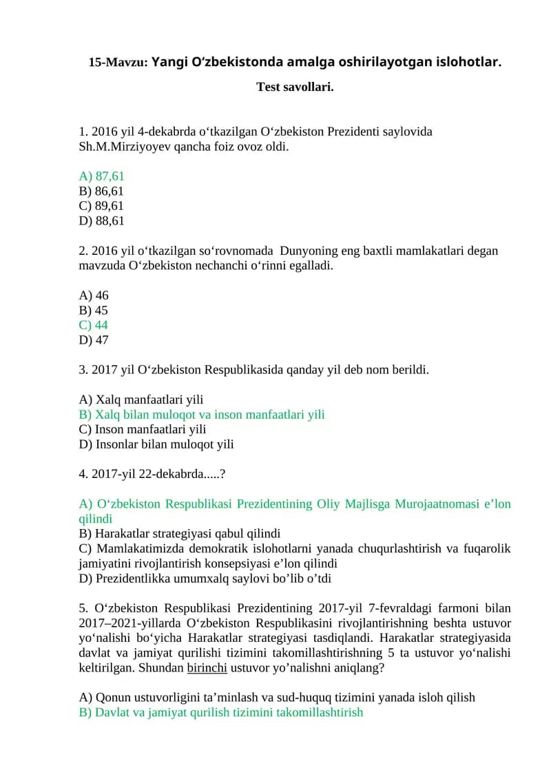 Yangi O‘zbekistonda amalga oshirilayotgan islohotlar. Test savollari.