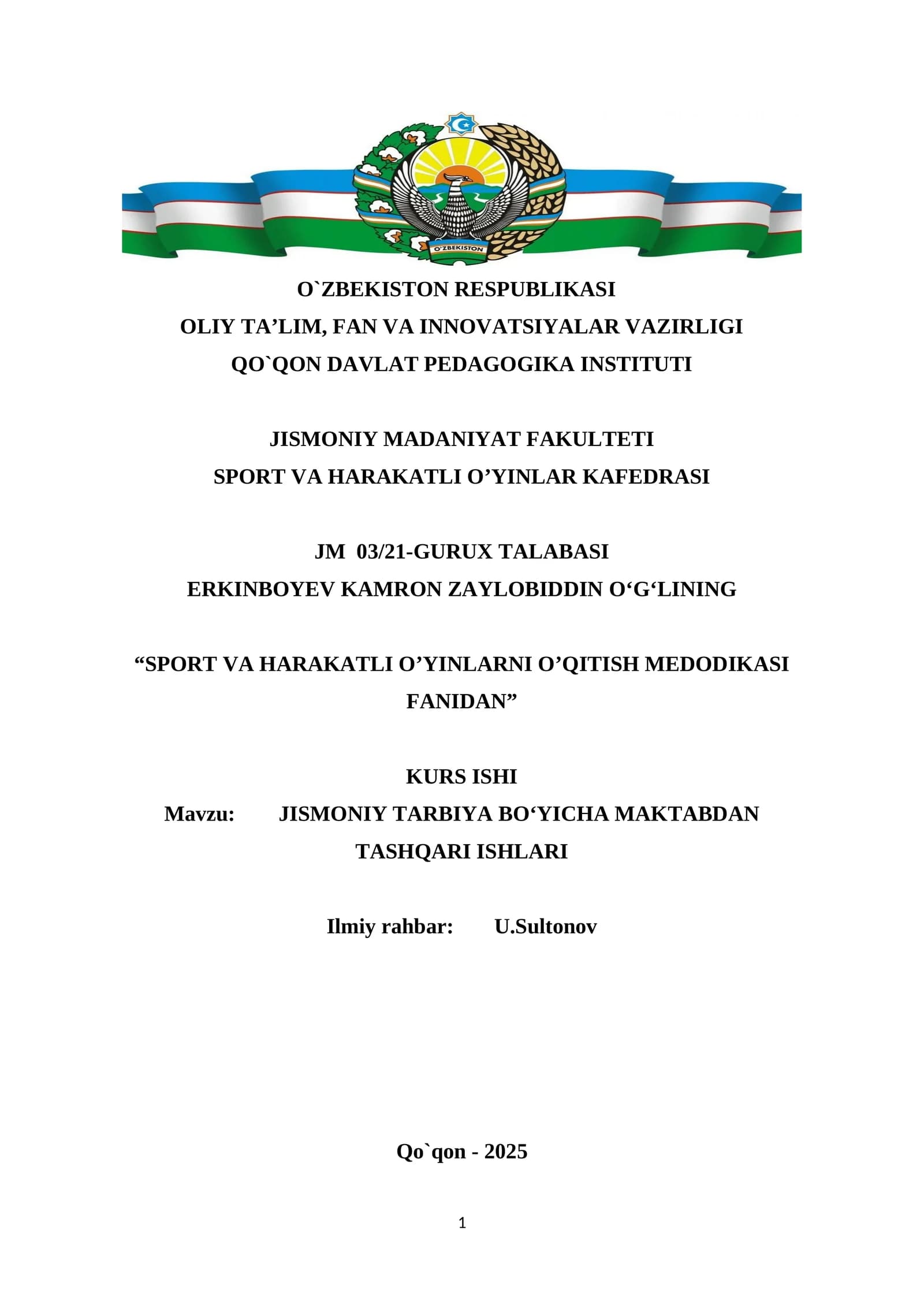 SPORT VA HARAKATLI O’YINLARNI O’QITISH MEDODIKASI FANIDAN