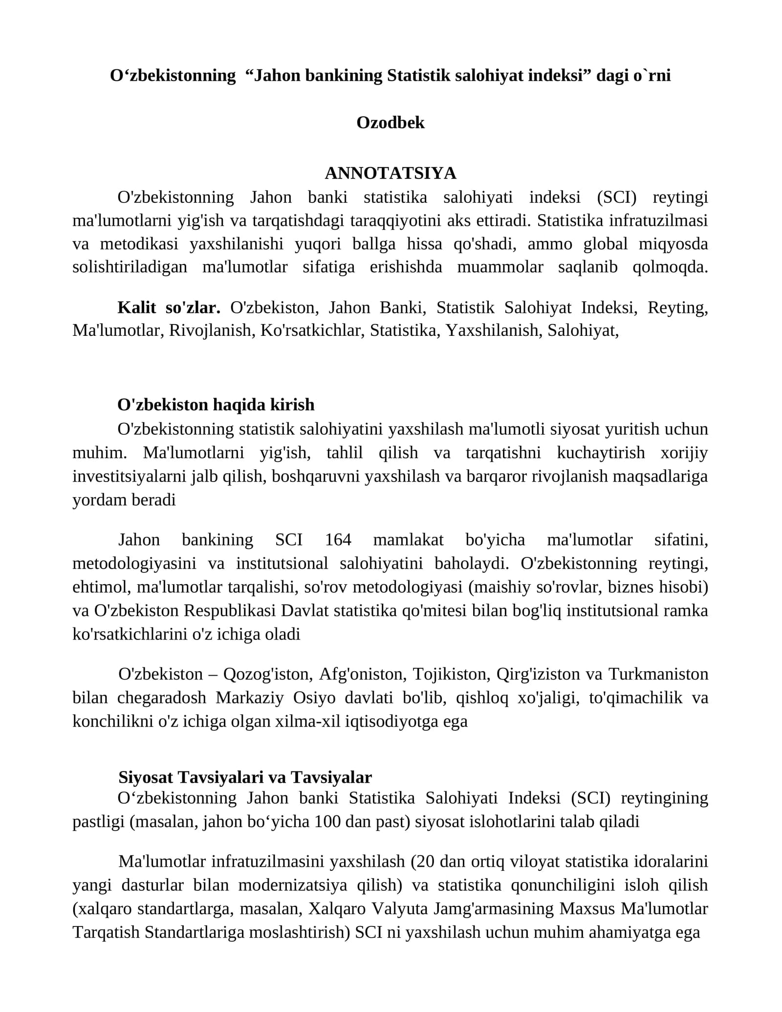 O'zbekistonning Jahon banki statistika salohiyati indeksi (SCI) reytingi ma'lumoti
