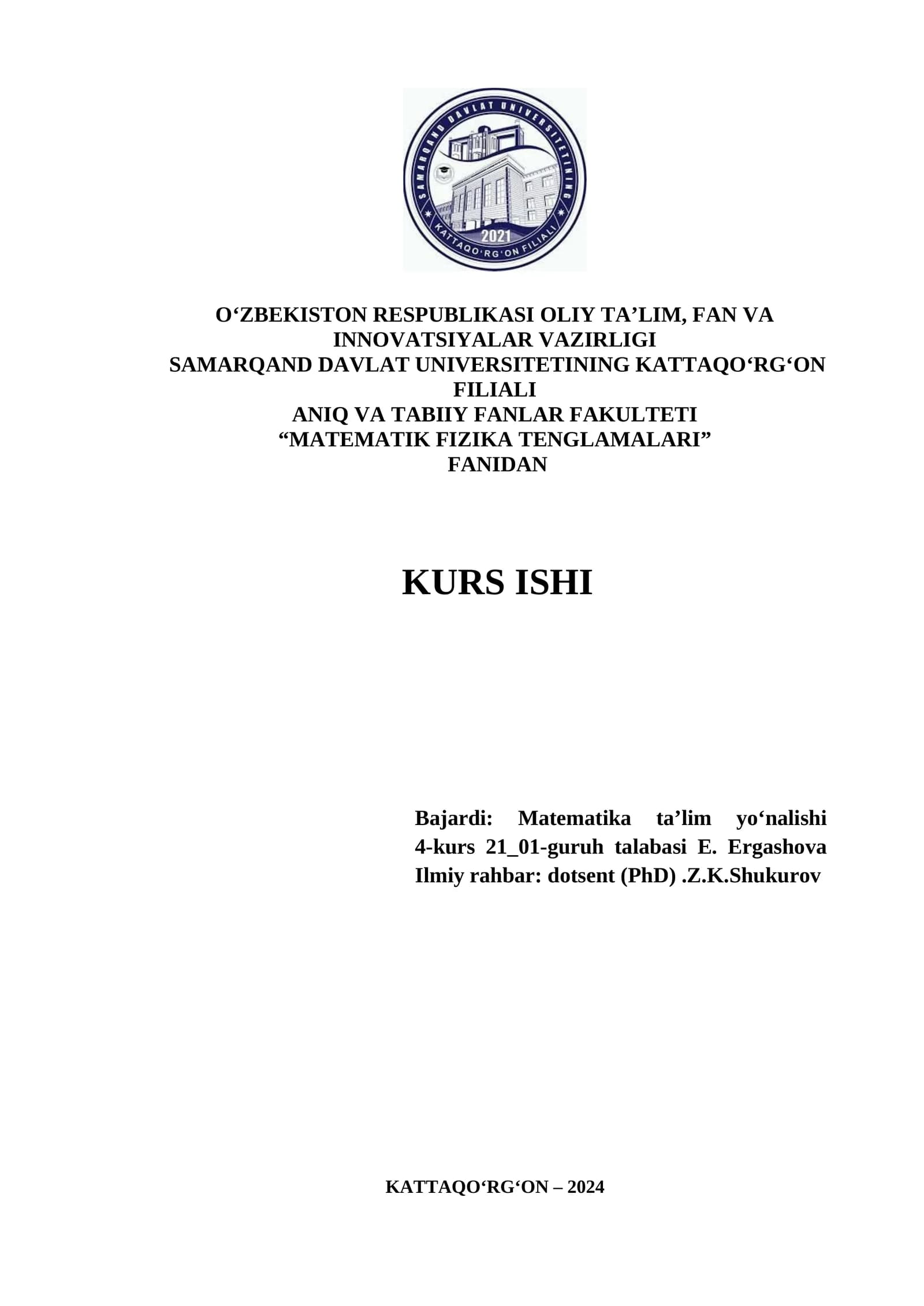 Matematik Fizika Tenglamalari Kurs Ishi