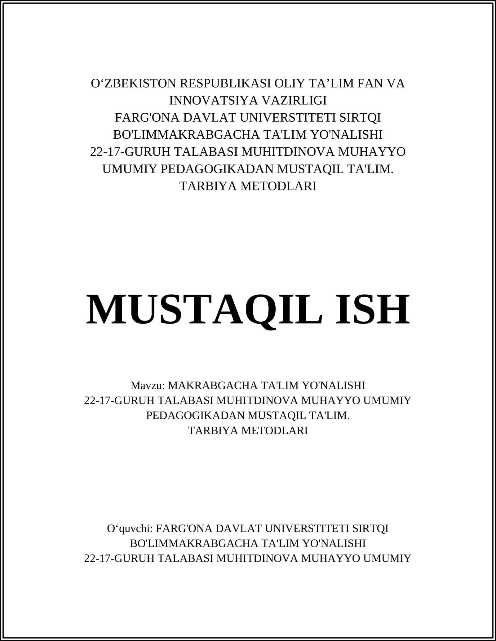 MAKRABGACHA TA'LIM YO'NALISHI