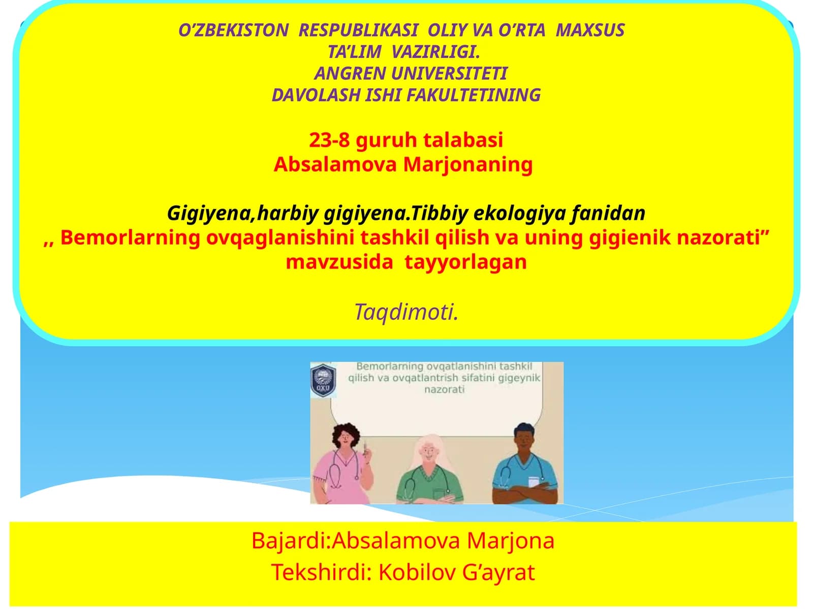 Absalamova Marjona gigiyena, harbiy gigiyena