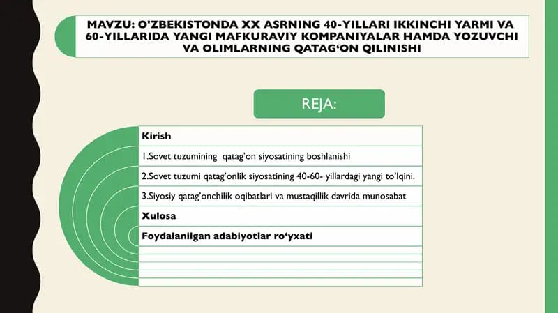 O'ZBEKISTONDA XX ASRNING 40-YILLARI IKKINCHI YARMI VA 60-YILLARIDA YANGI MAFKURAVIY KOMPANIYALAR HAMDA YOZUVCHI VA OLIMLARNING QATAG`ON QILINISHI