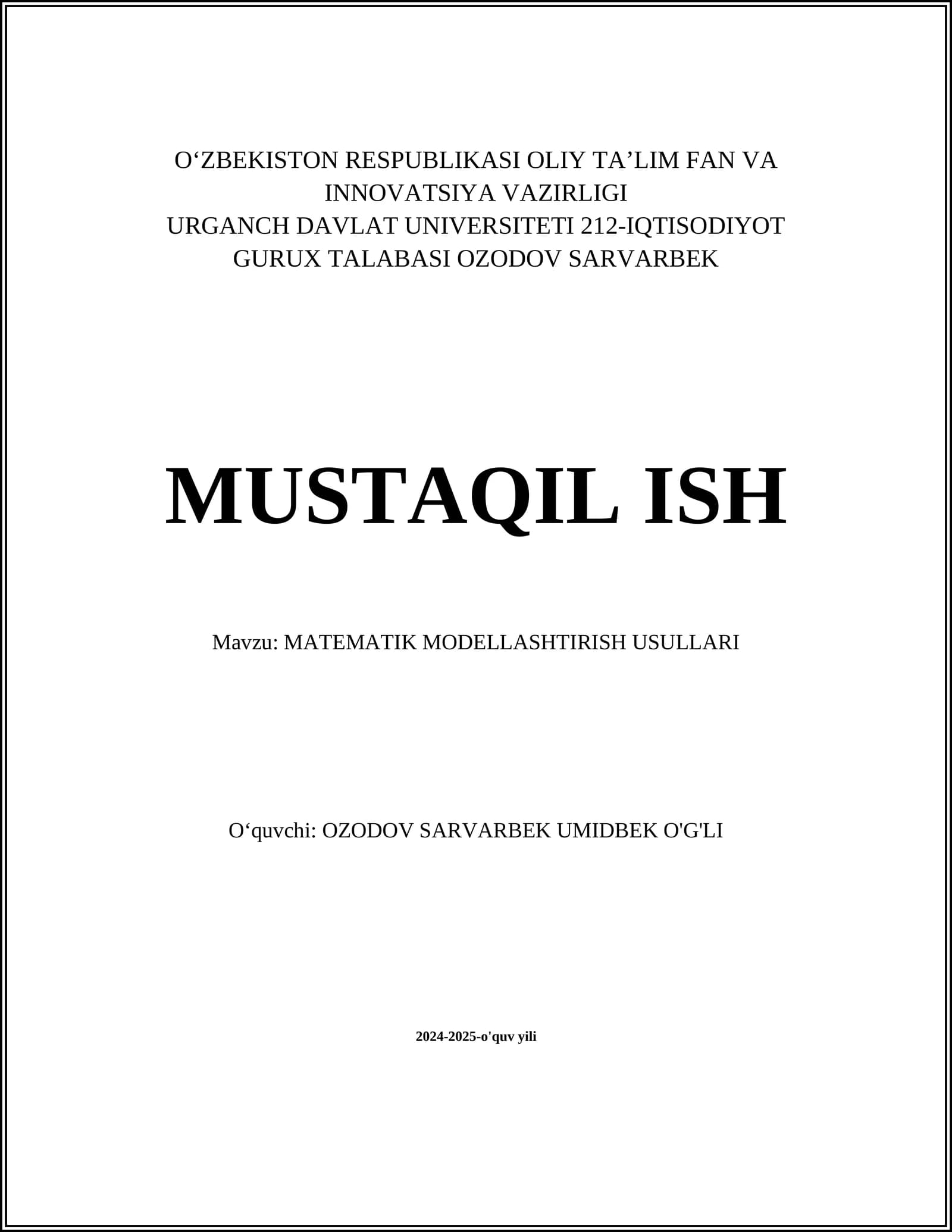 MATEMATIK MODELLASHTIRISH USULLARI