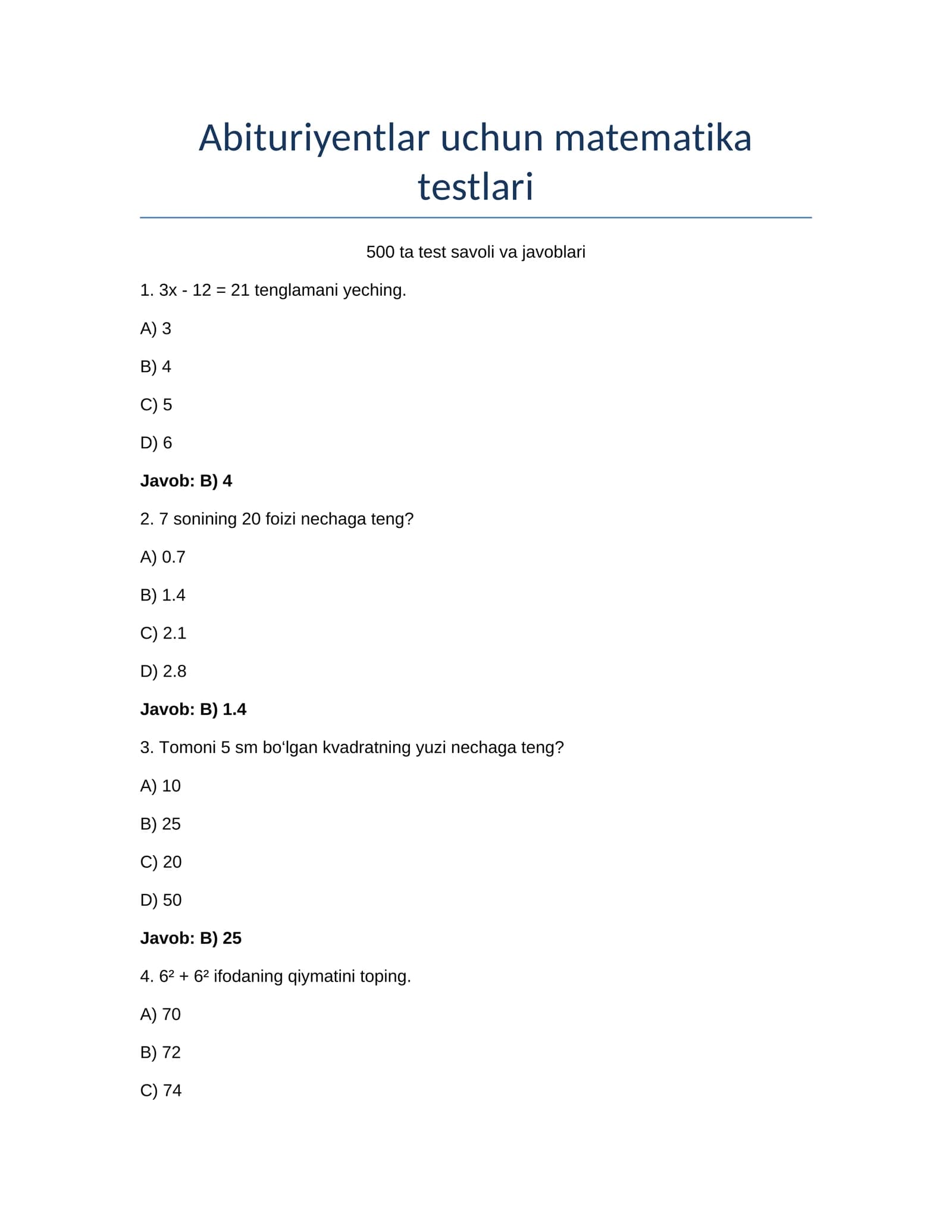 abitureyentlar uchun matematika testi va javobi