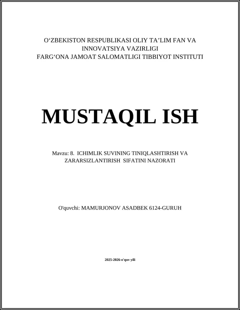 Ichimlik suvini tiniqlash va tozalash usullari