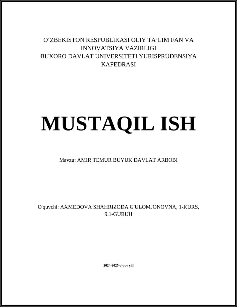 AMIR TEMUR BUYUK DAVLAT ARBOBI
