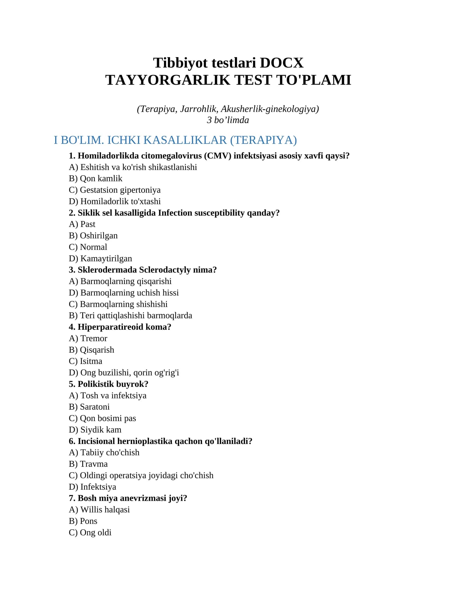 Tibbiyot testlari DOCX
