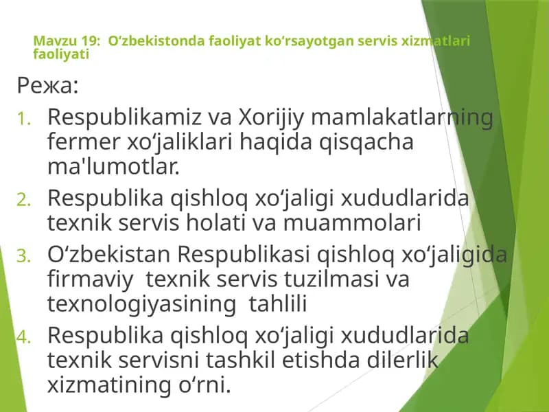 Oʻzbekistonda faoliyat koʻrsayotgan servis xizmatlari faoliyati