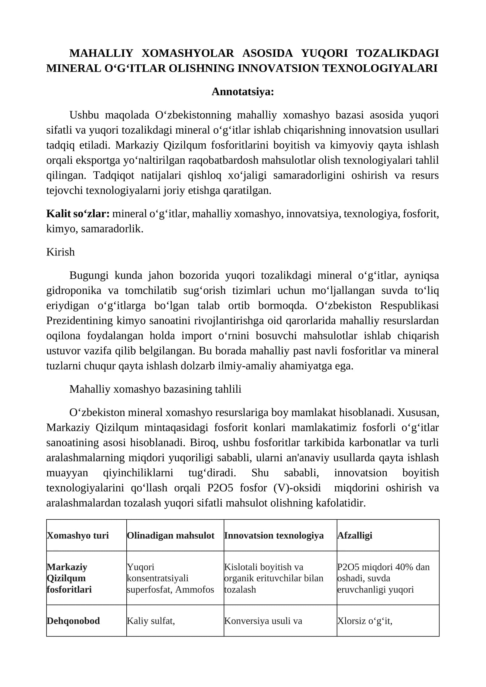 MAhallIY XOMASHYOLAR ASOSIDA YUQORI TOZALIKDAGI MINERAL O‘G‘ITLAR OLISHNING INNOVATSION TEXNOLOGIYALARI