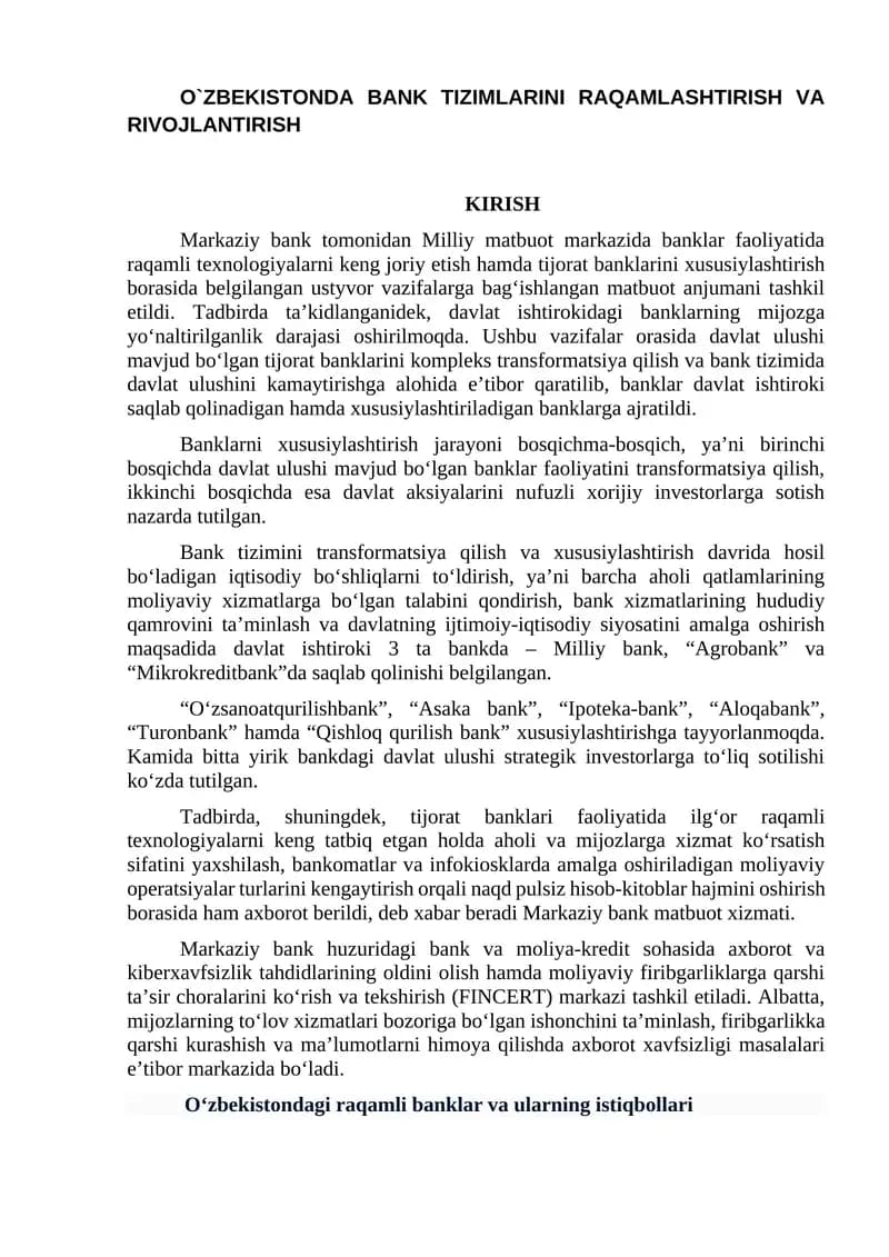 O`ZBEKISTONDA BANK TIZIMLARINI RAQAMLASHTIRISH VA RIVOJLANTIRISH