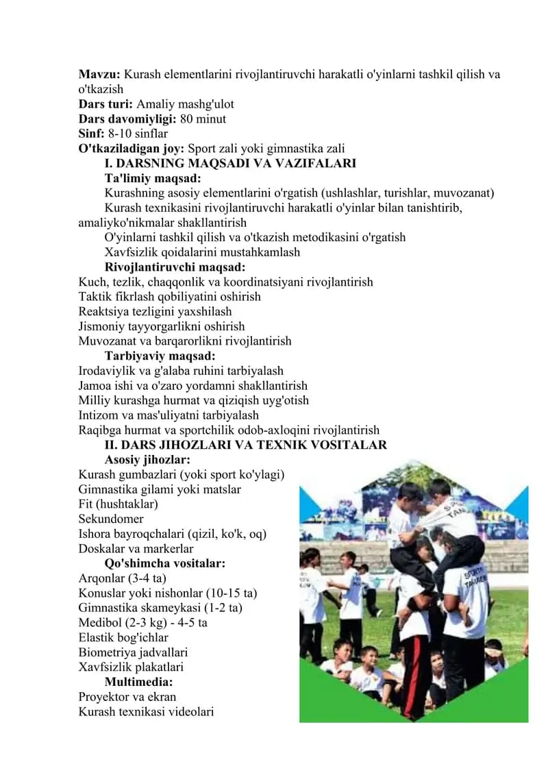 Kurash elementlarini rivojlantiruvchi harakatli o'yinlarni tashkil qilish va o'tkazish