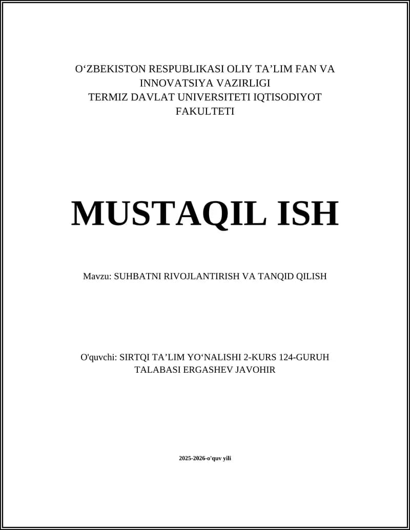 SUHBATNI RIVOJLANTIRISH VA TANQID QILISH