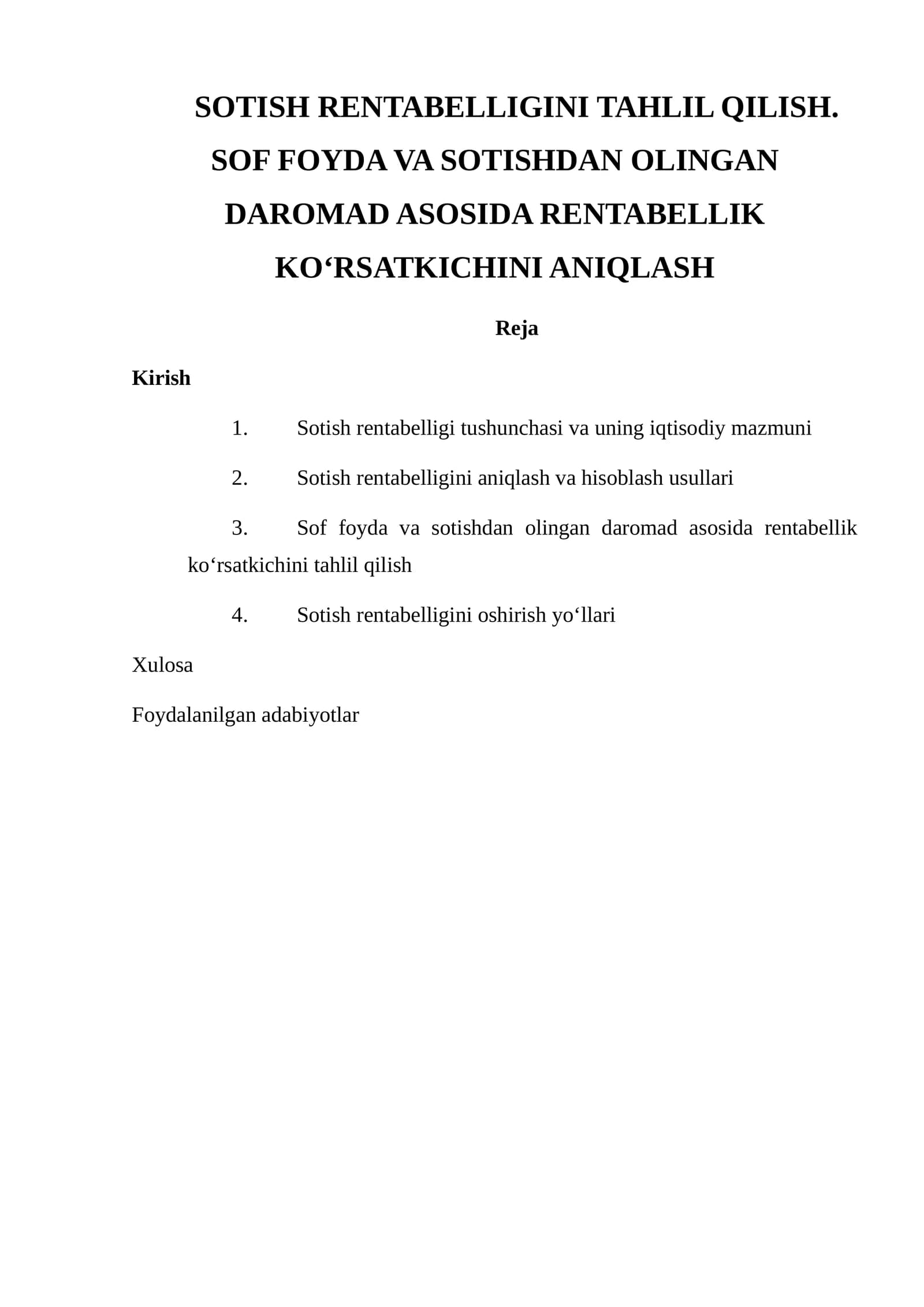 Sotish rentabelligini tahlil qilish