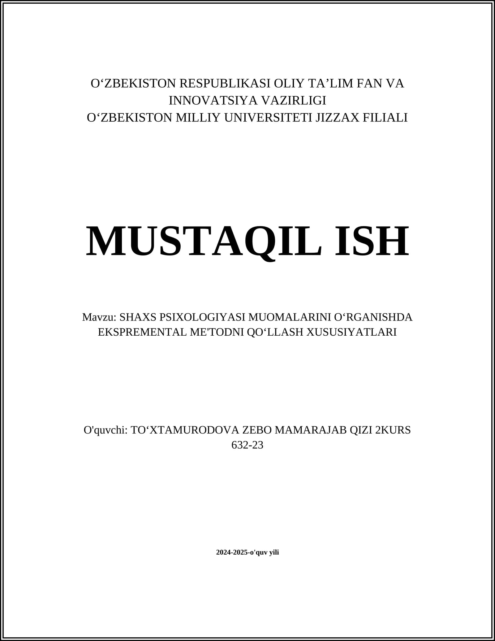 SHAXS PSIXOLOGIYASI MUOMALARINI OʻRGANISHDA EKSPREMENTAL ME'TODNI QOʻLLASH XUSUSIYATLARI