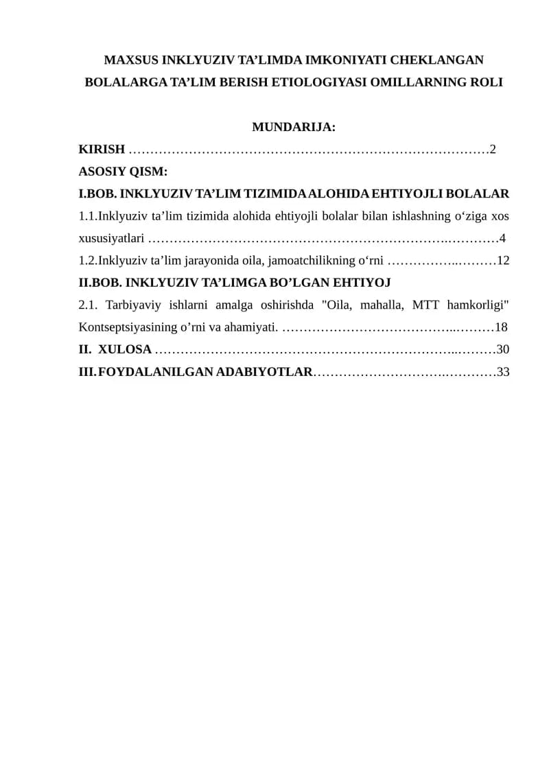 INKLYUZIV TA'LIMDA IMKONIYATI CHEKLANGAN BOLALARGA TA'LIM BERISH ETIOLOGIYASI OMILLARNING ROLI