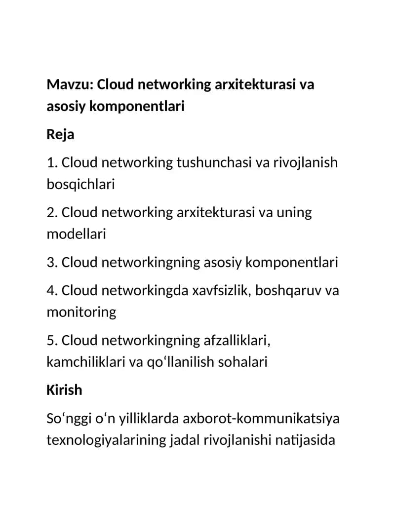 Cloud networking arxitekturasi va asosiy komponentlari