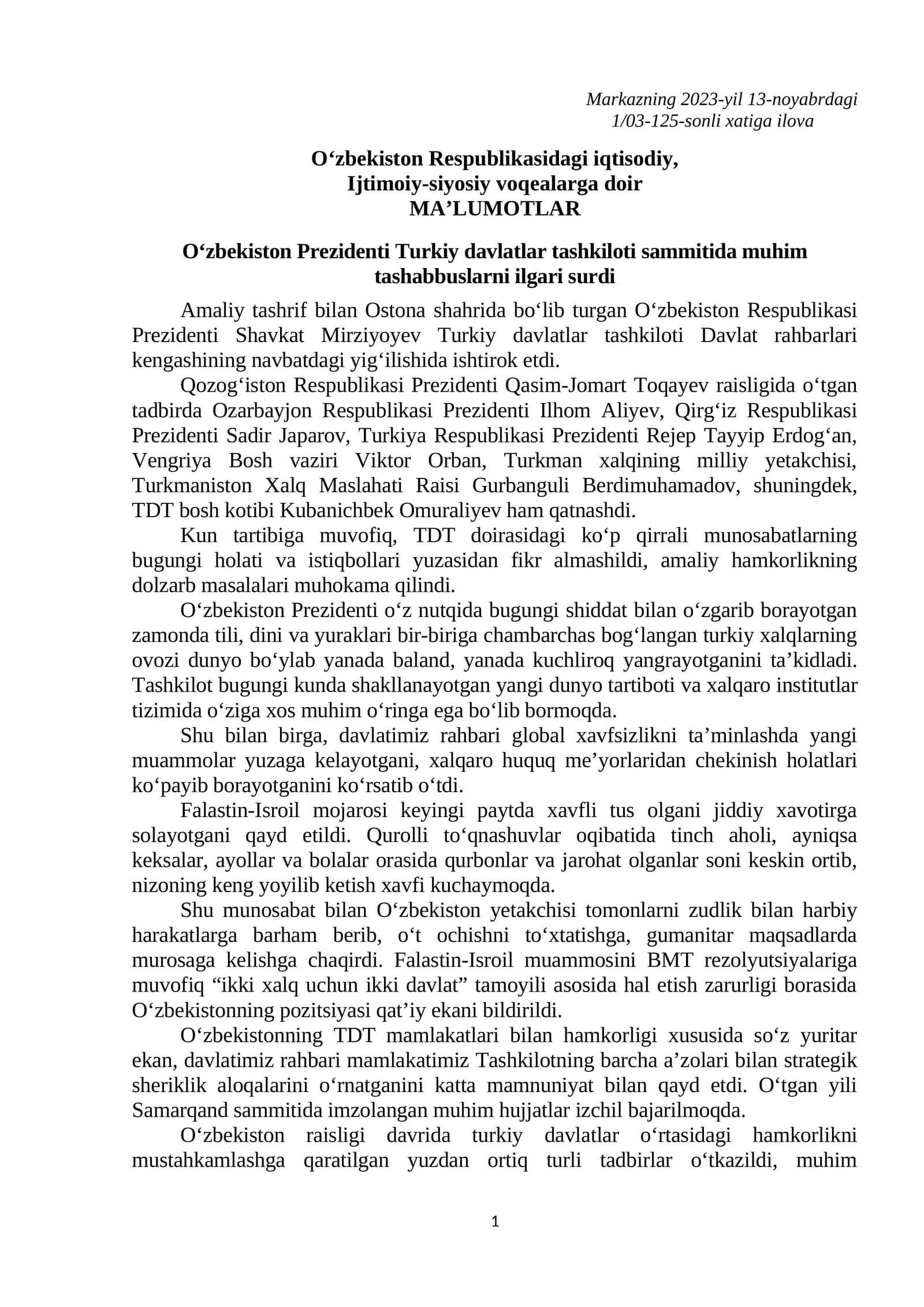 Turkiy davlatlar tashkiloti sammitida muhim tashabbuslarni ilgari surdi