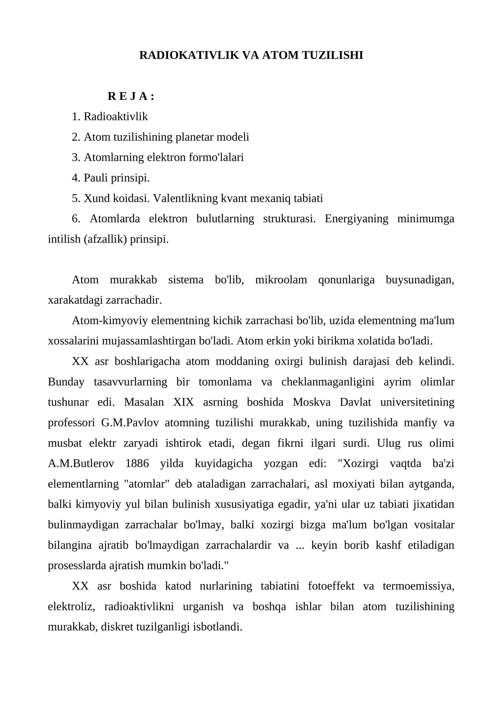 RADIOKATIVLIK VA ATOM TUZILISHI