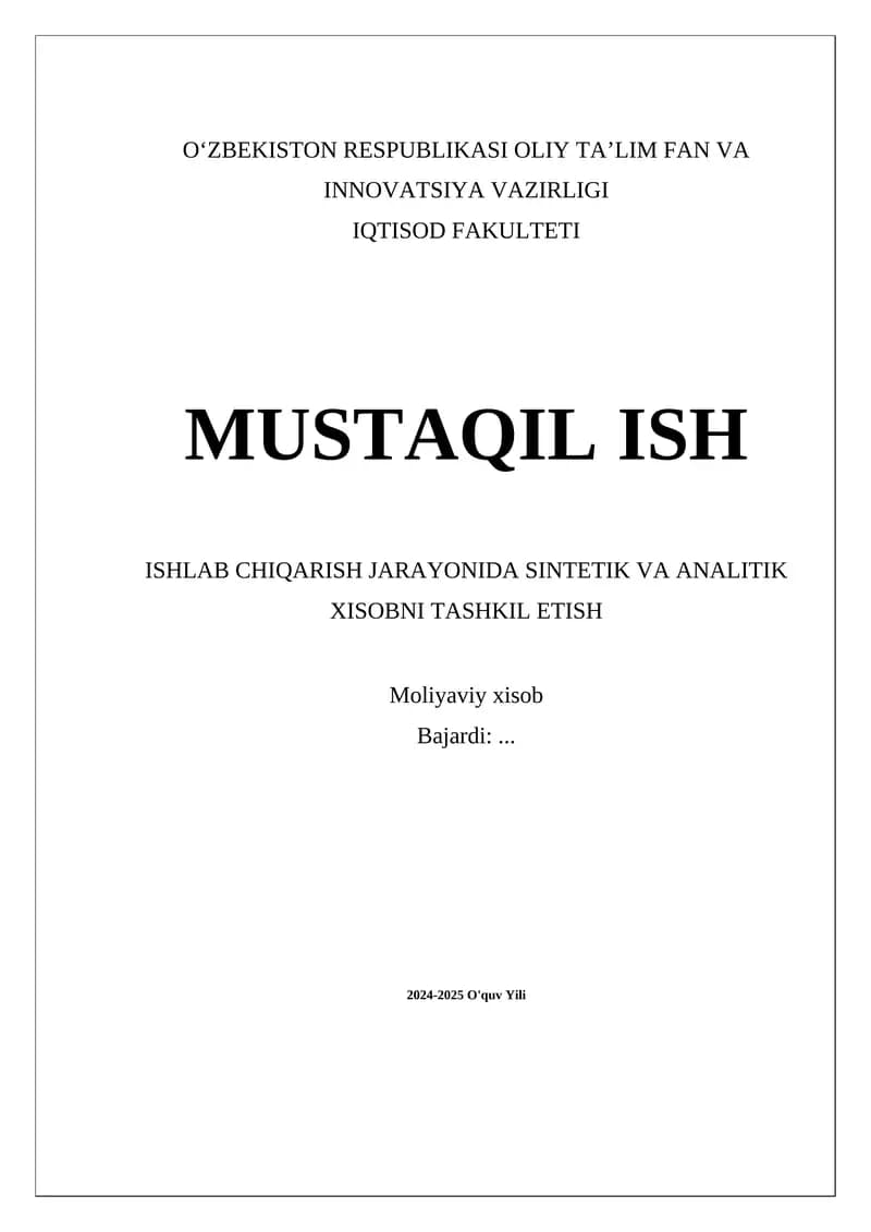 Sintetik va analitik xisob tashkil etish
