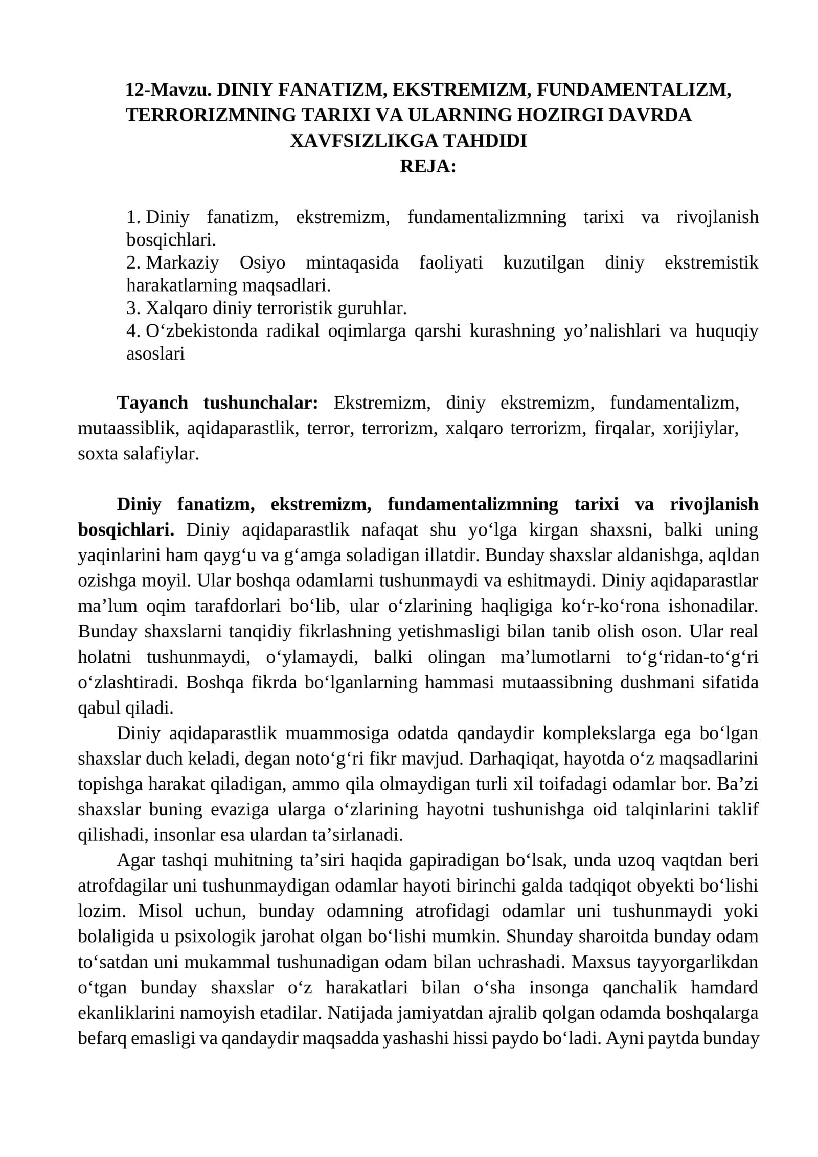 12-Mavzu. DINIY FANATIZM, EKSTREMIZM, FUNDAMENTALIZM, TERRORIZMNING TARIXI VA ULARNING HOZIRGI DAVRDA XAVFSIZLIKGA TAHDIDI