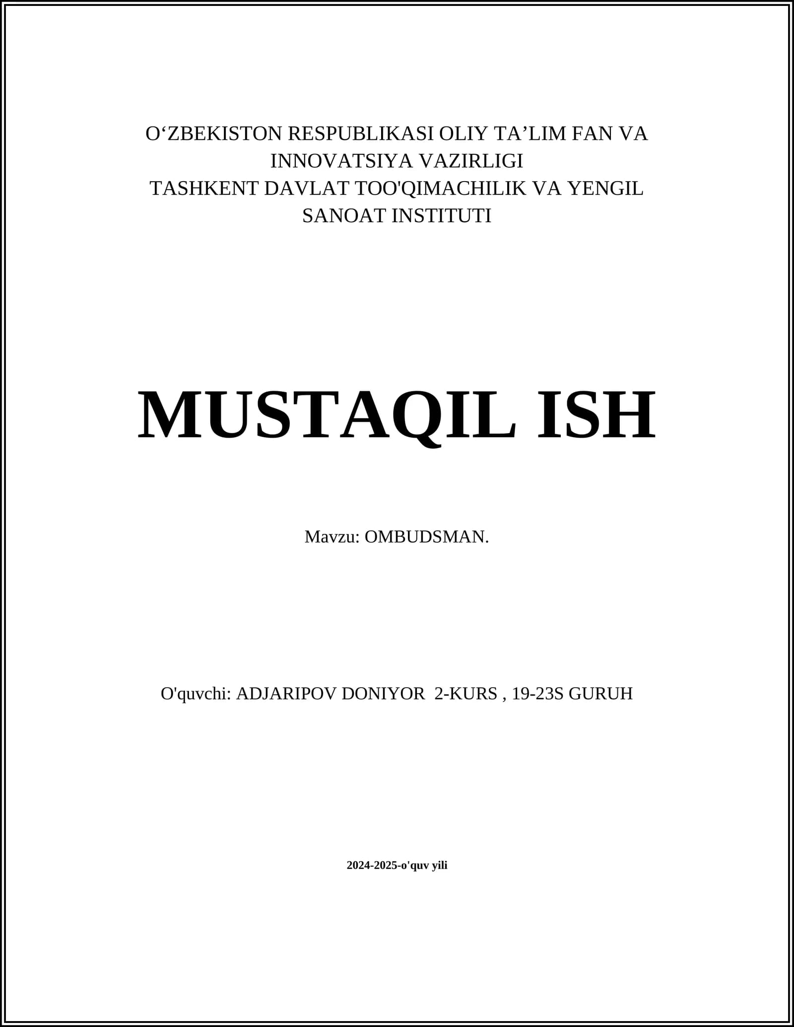 MUSTAQIL ISH Mavzu: OMBUDSMAN