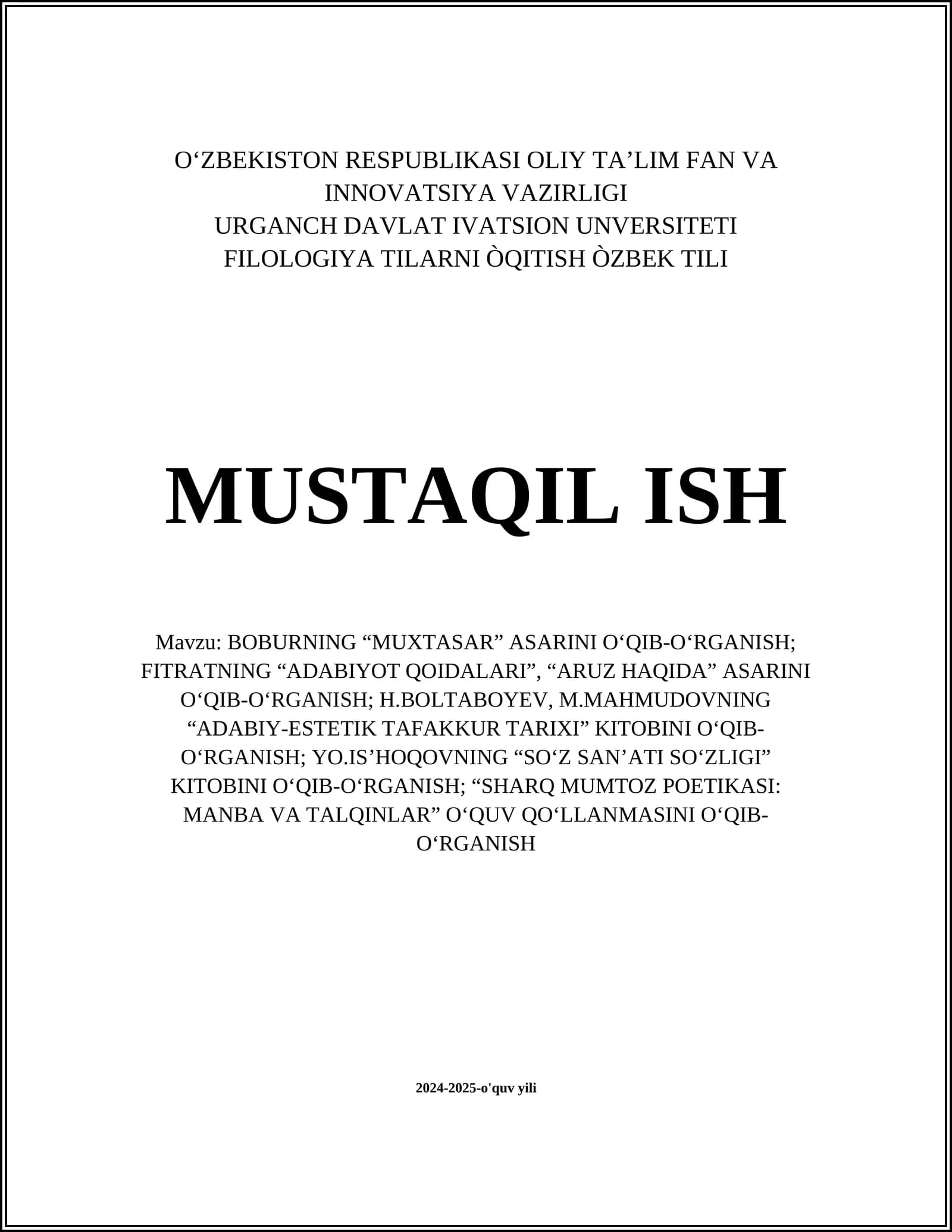 BOBURNING “MUXTASAR” ASARINI O‘QIB-O‘RGANISH