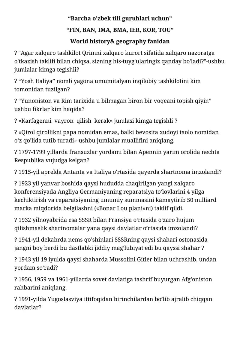 Barcha o’zbek tili guruhlari uchun