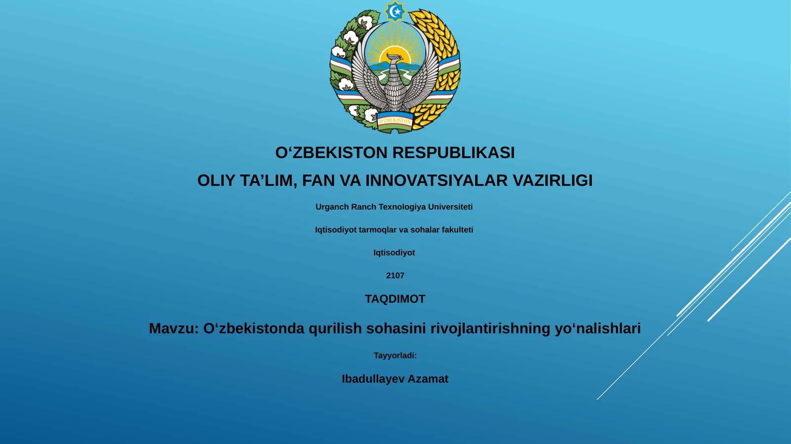 Oʻzbekistonda qurilish sohasini rivojlantirishning yoʻnalishlari