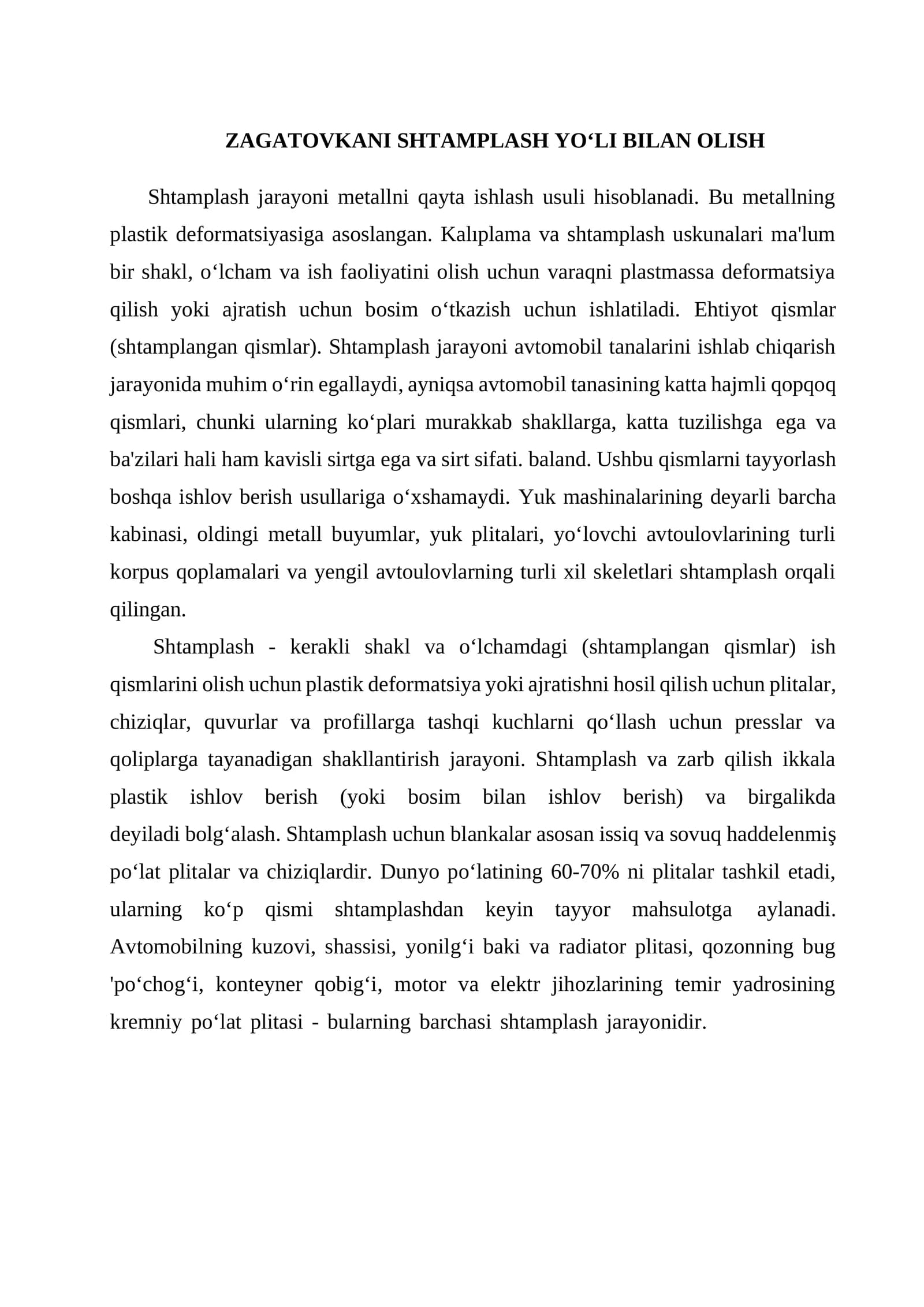 Zagatovkani Shtamplash Yo‘li Bilan Olish
