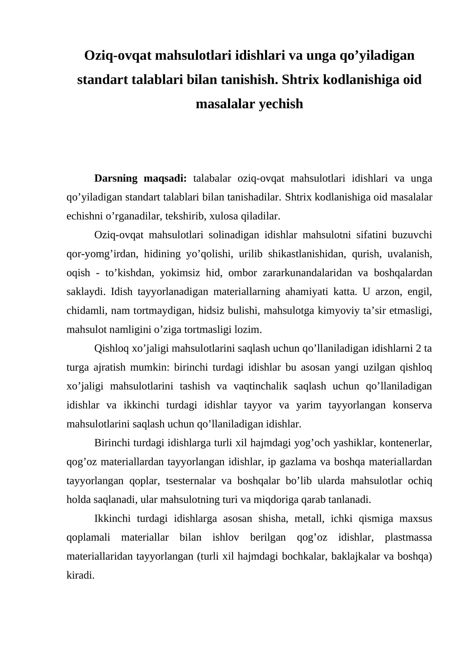 Oziq-ovqat mahsulotlari idishlari va unga qo’yiladigan standart talablari