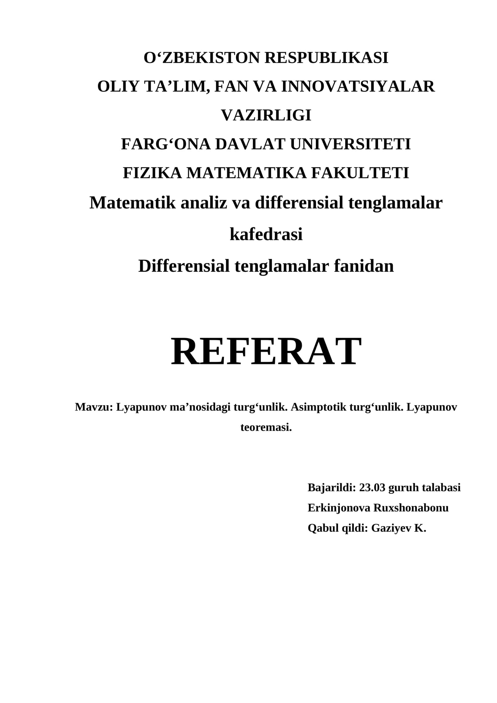Lyapunov ma’nosidagi turg‘unlik