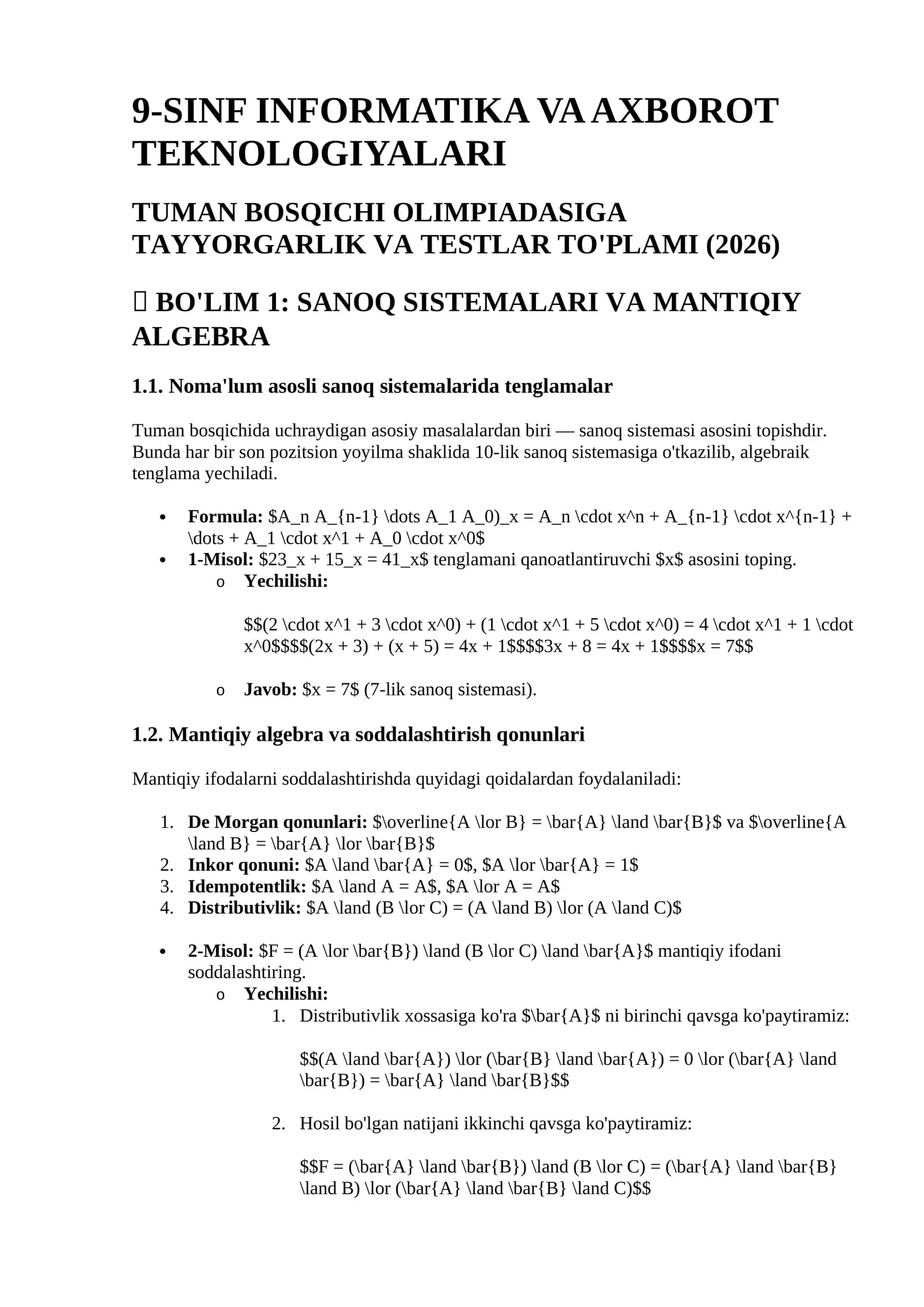 Informatika Olimpidaga tayyorgarlik 9-sinf tuman bosqichi