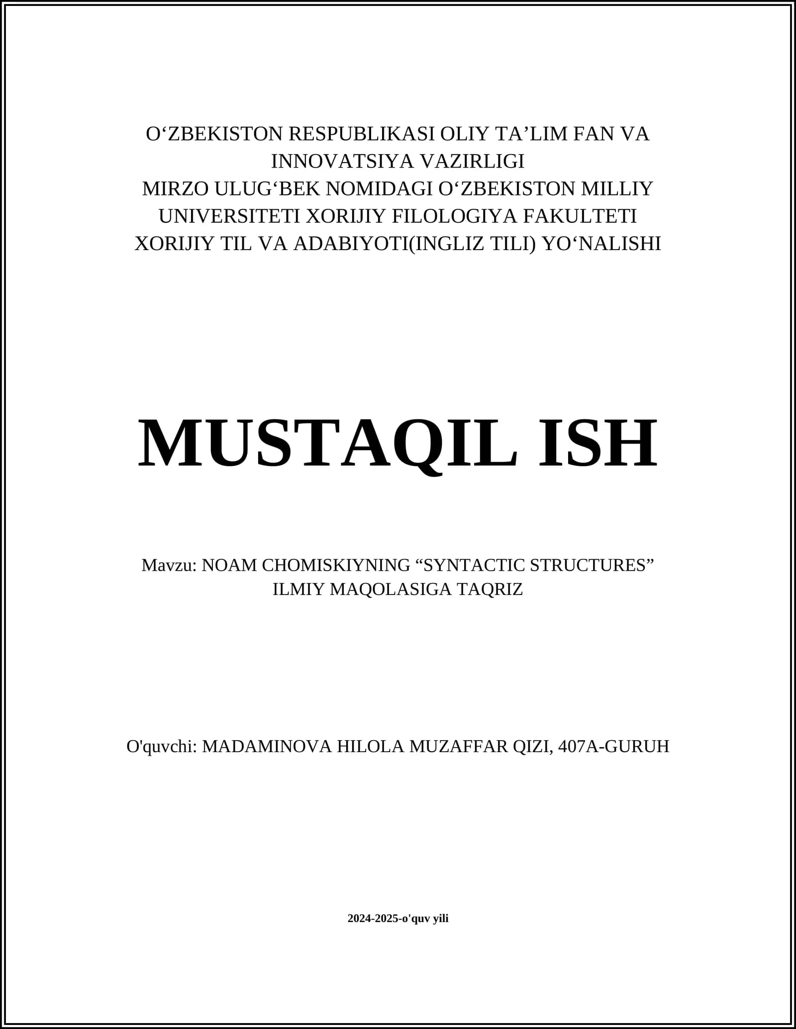 NOAM CHOMISKIYNING “SYNTACTIC STRUCTURES” ILMIY MAQOLASIGA TAQRIZ