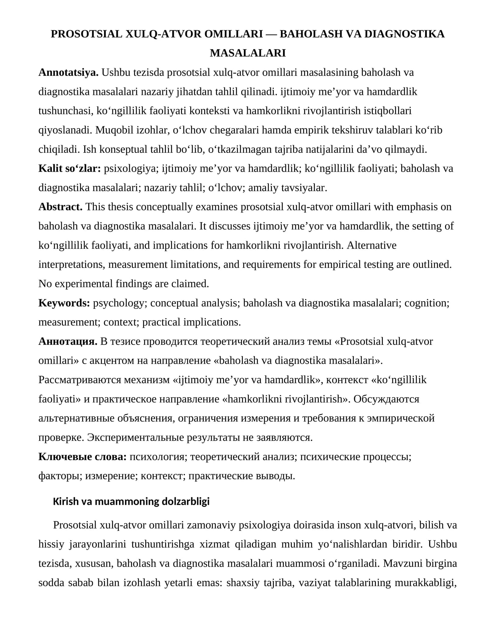 Prosotsial Xulq-Atvor Omillari — Baholash va Diagnostika Masalalari