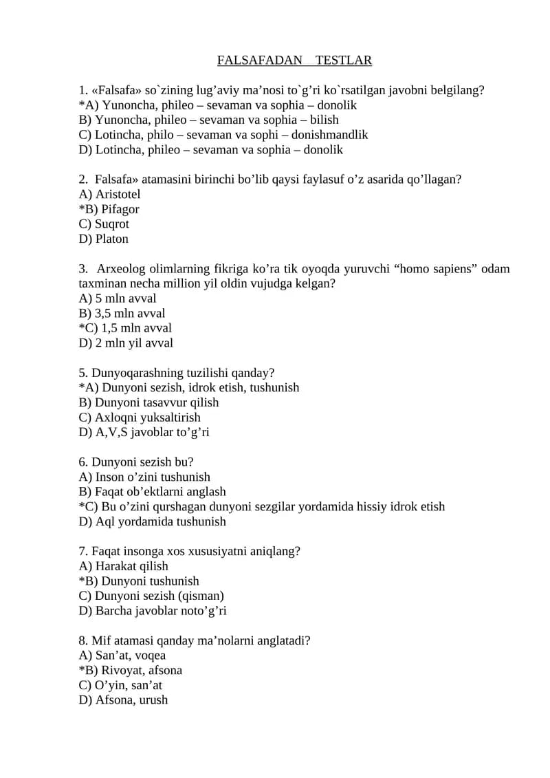 FALSAFADAN TЕSTLAR