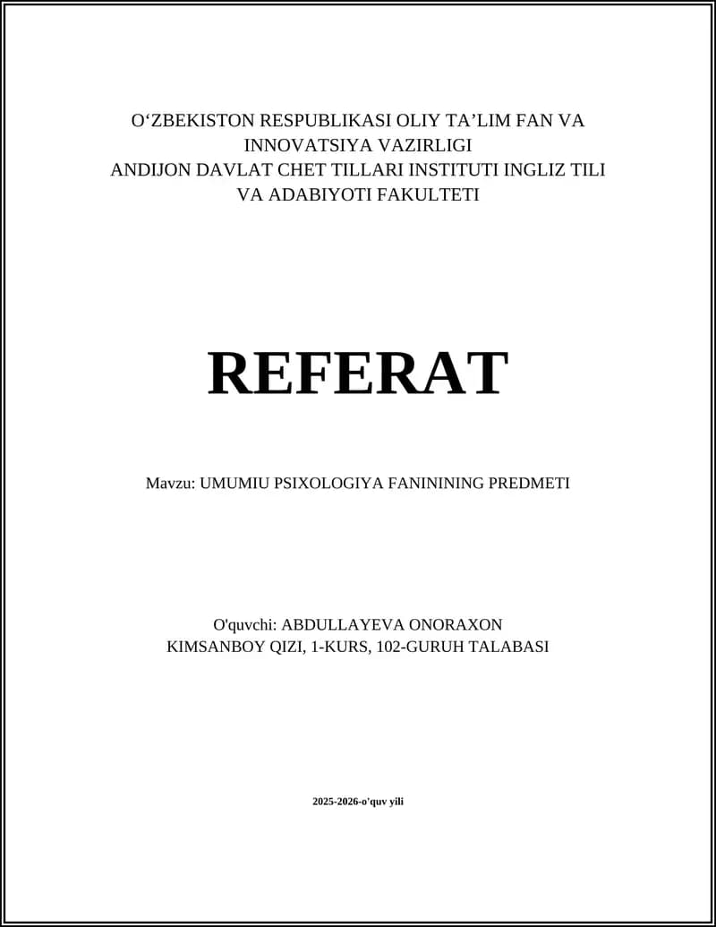 UMUMIU PSIXOLOGIYA FANININING PREDMETI