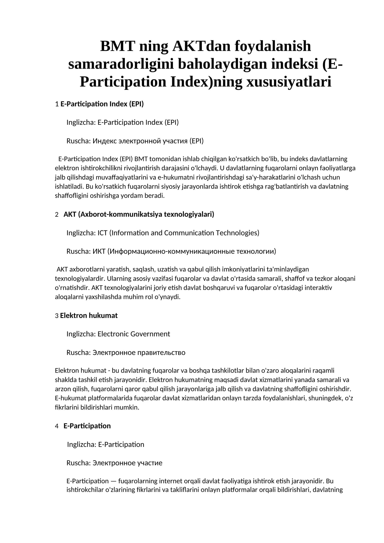 BMT ning AKTdan foydalanish samaradorligini baholaydigan indeksi (E-Participation Index)ning xususiyatlari