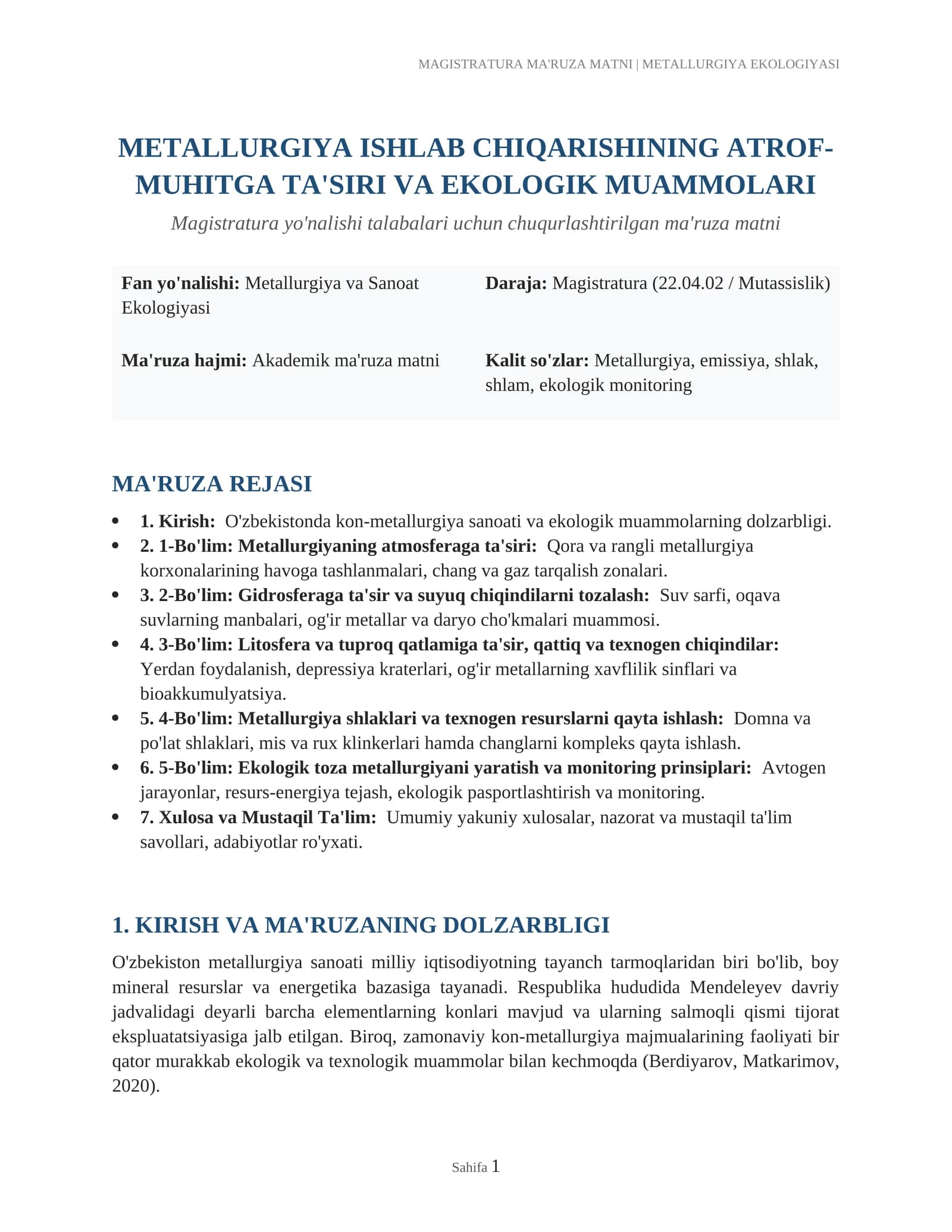 MAGISTRATURA MA'RUZA MATNI | METALLURGIYA EKOLOGIYASI