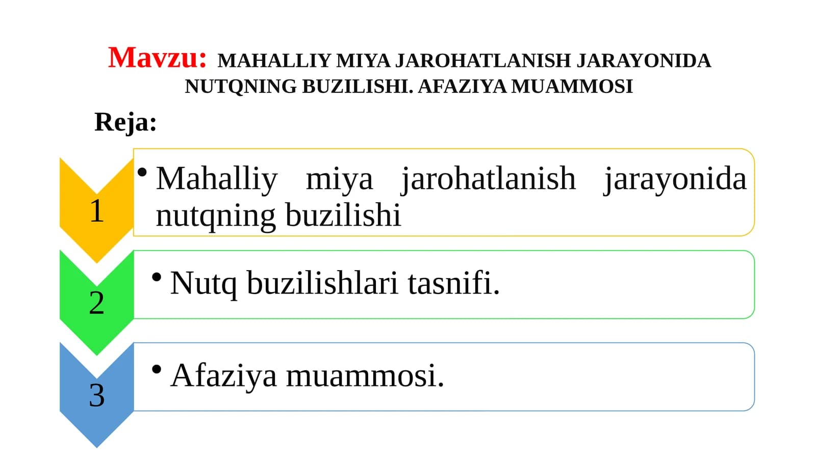 MAHALLIY MIYA JAROHATLANISH JARAYONIDA NUTQNING BUZILISHI. AFAZIYA MUAMMOSI