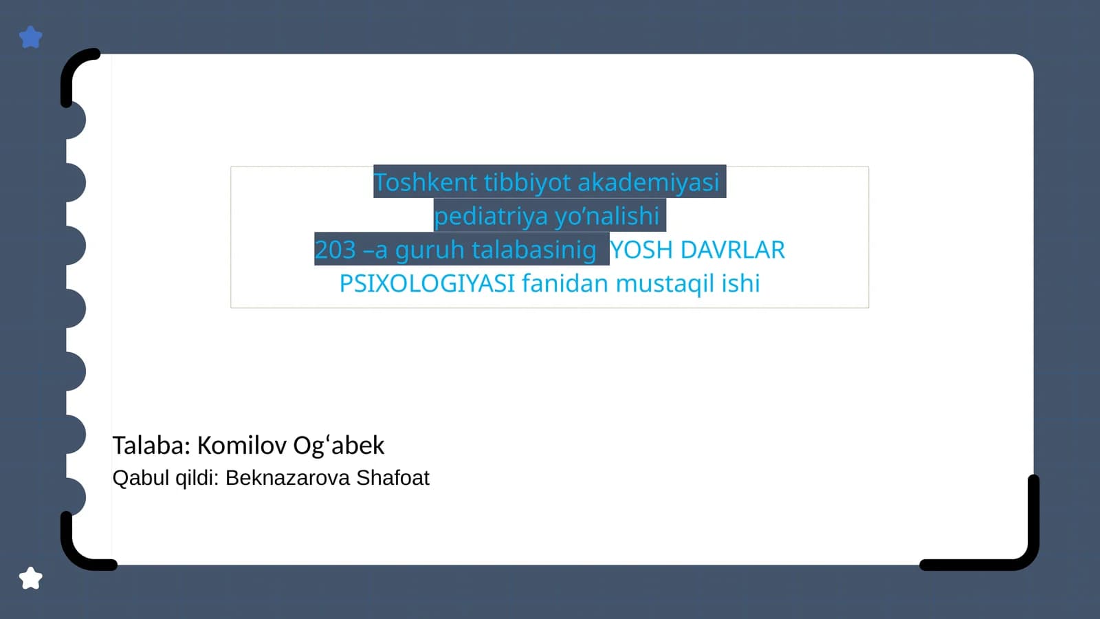 Toshkent Tibbiyot Akademiyasi Pediatriya Yo'nalishi