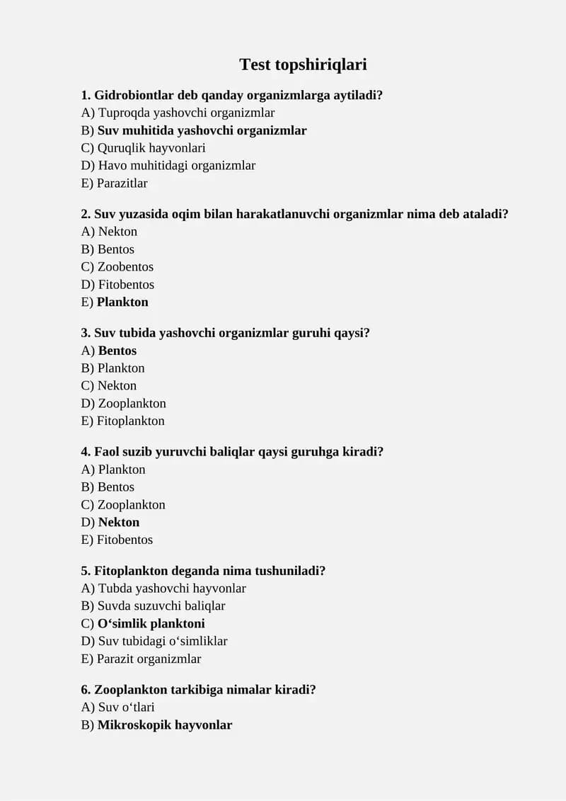 Gidrobiont organizmlar va ularning guruhlari