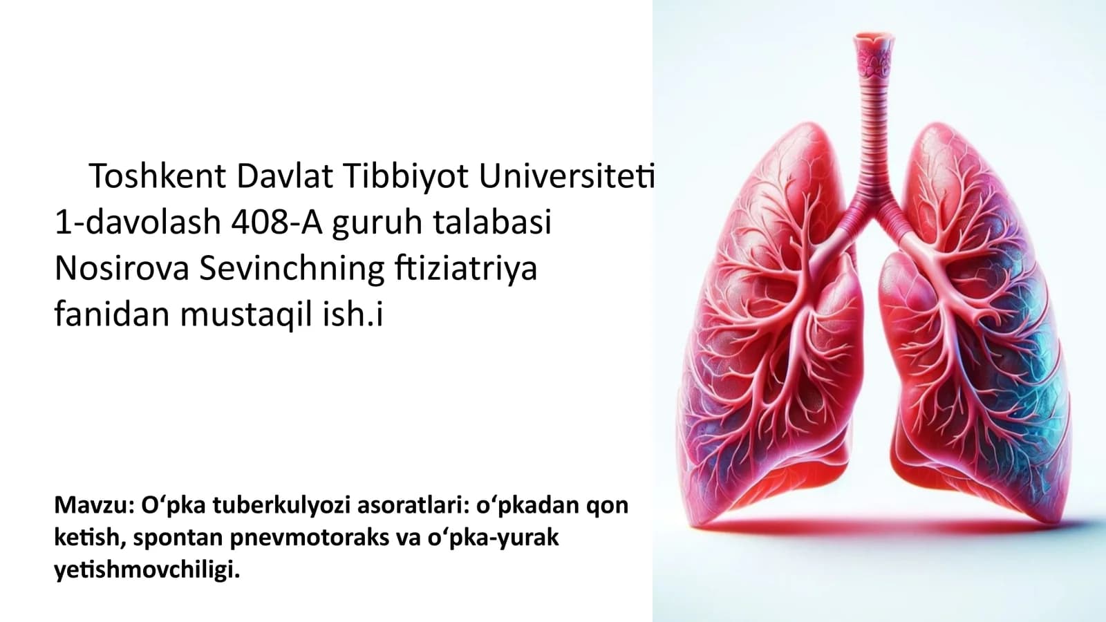 Oʻpka tuberkulyozi asoratlari: oʻpkadan qon ketish, spontan pnevmotoraks va oʻpka-yurak yetishmovchiligi.