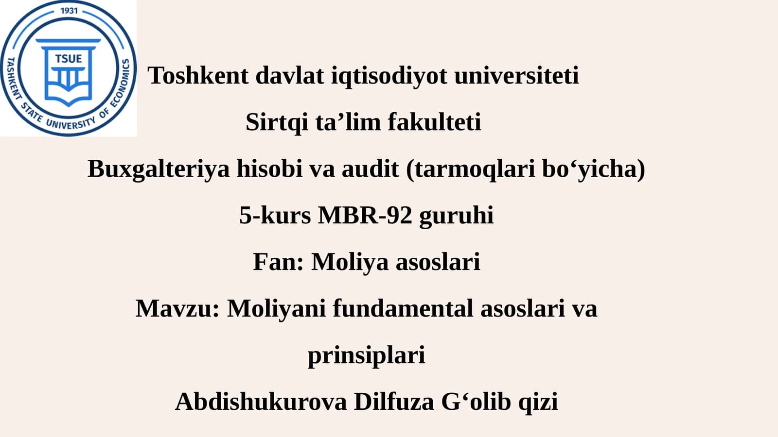 Moliyaning fundamental asoslari va prinsiplari