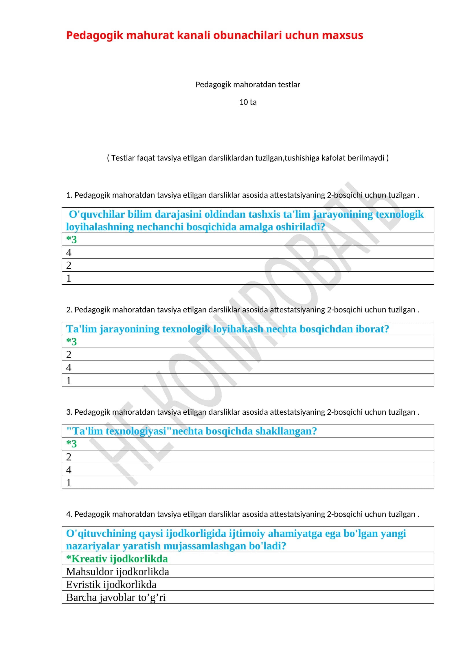 Pedagogik mahoratdan testlar