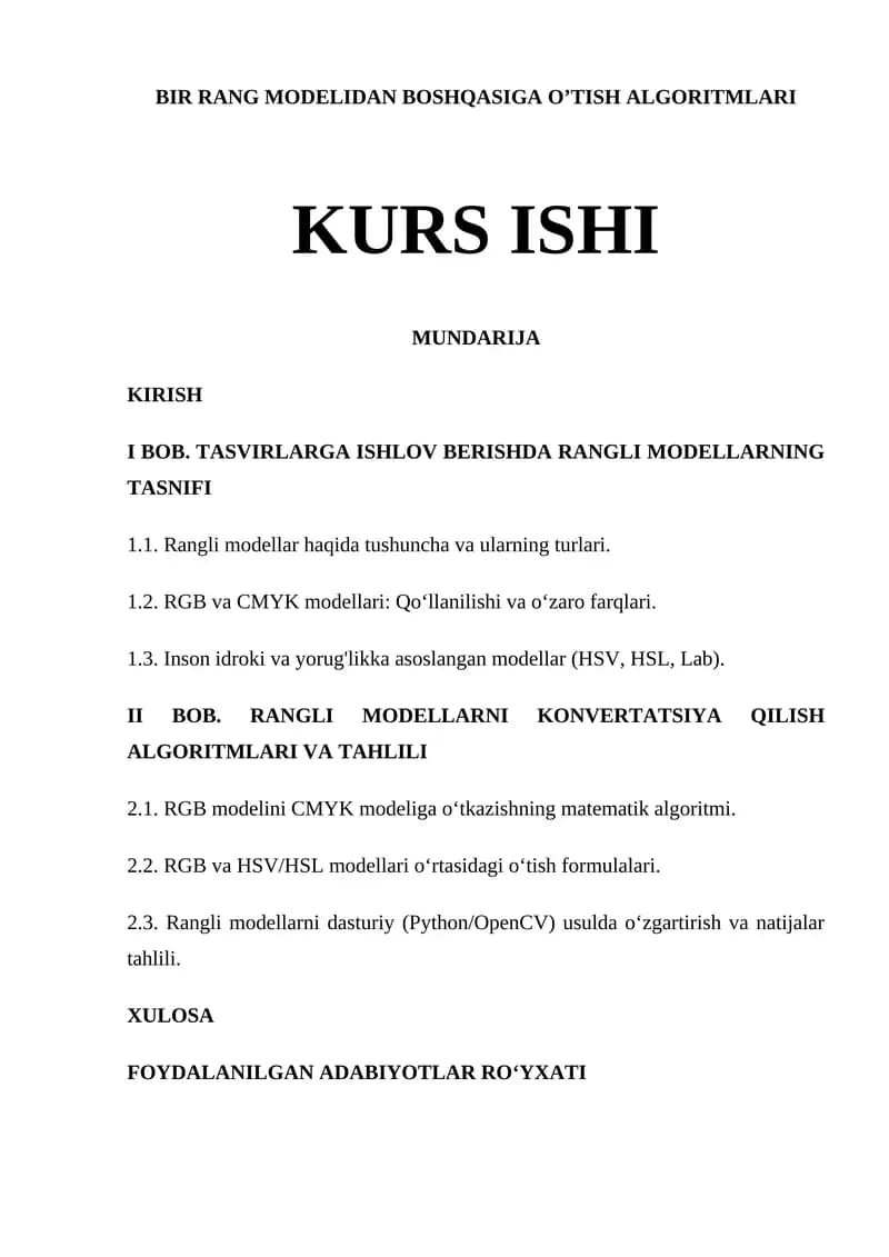 BIR RANG MODELIDAN BOSHQASIGA O’TISH ALGORITMLARI