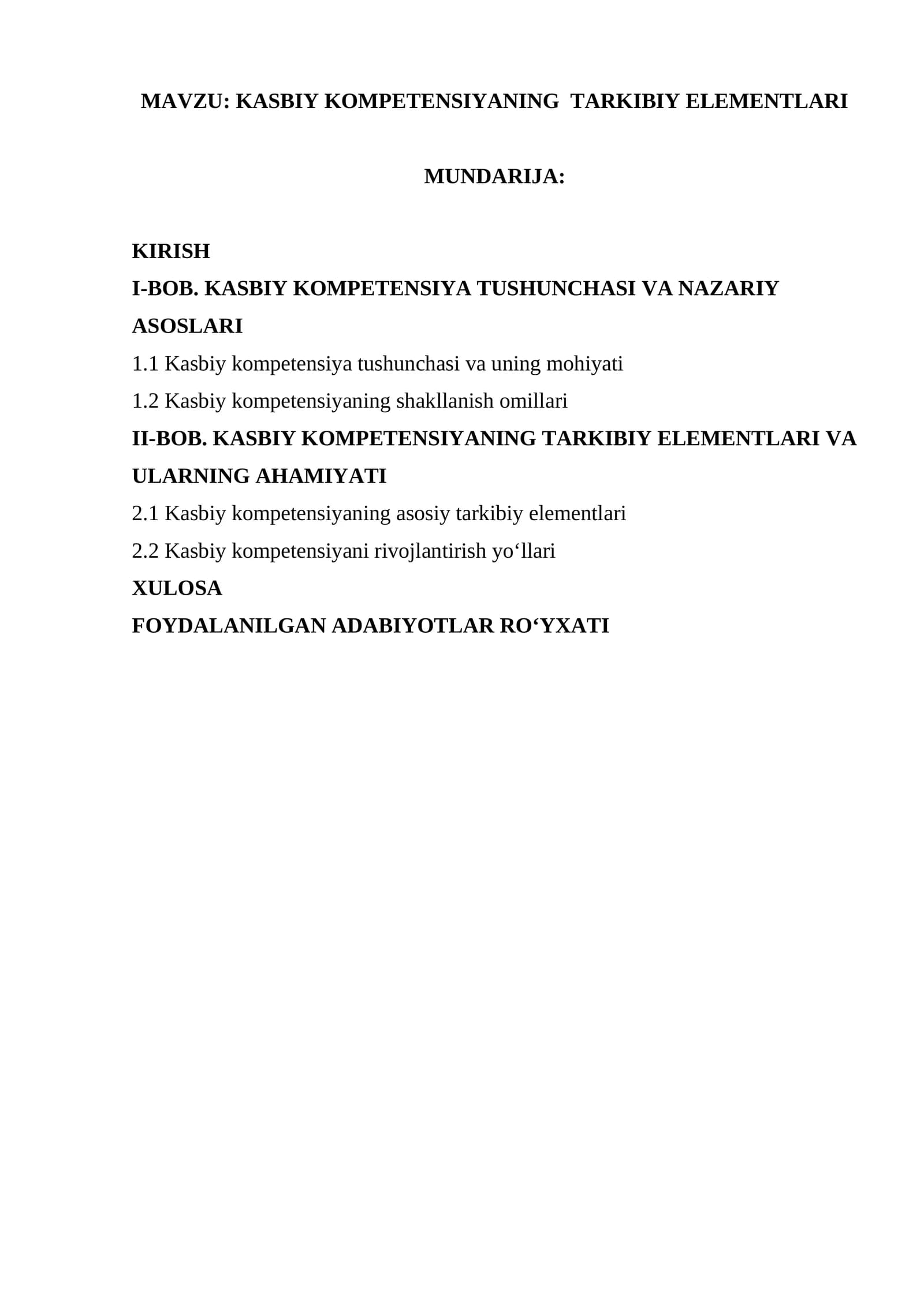 KASBIY KOMPETENSIYANING  TARKIBIY ELEMENTLARI