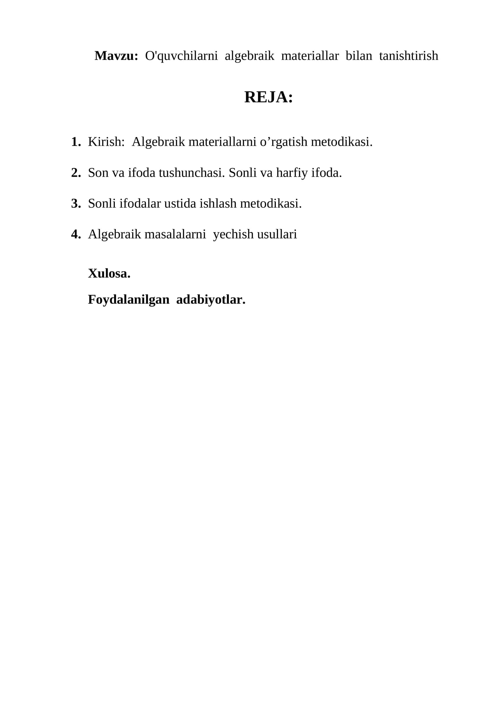 O'quvchilarni algebraik materiallar bilan tanishtirish